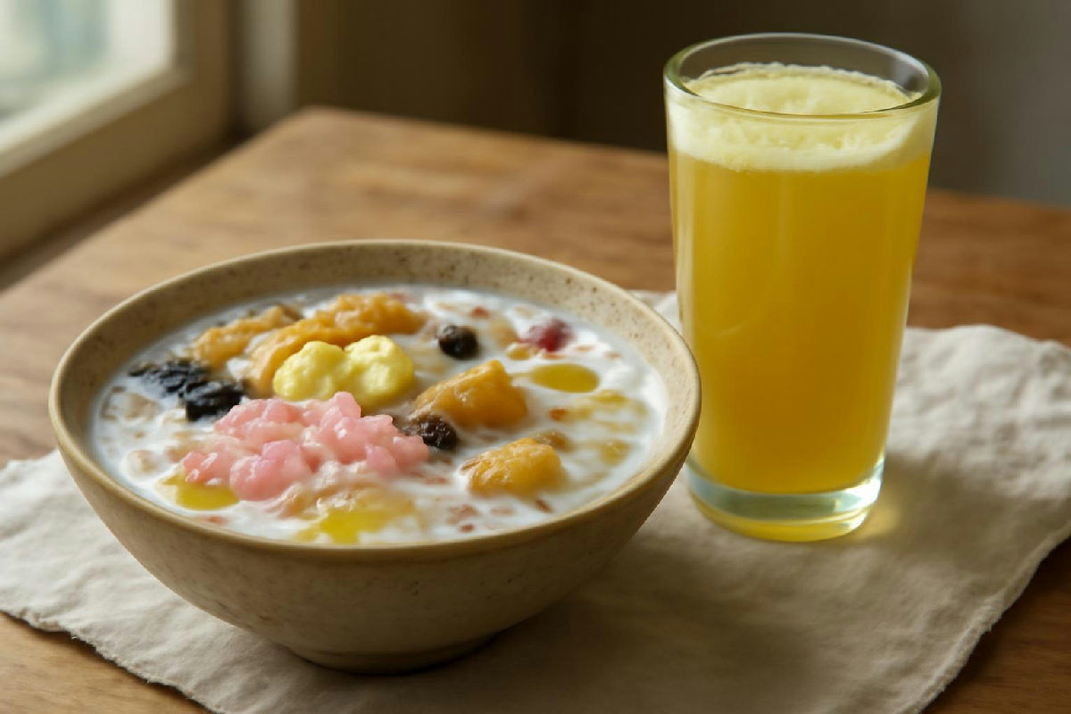 cốc chè thập cẩm và ly nước mía ở quán vỉa hè
