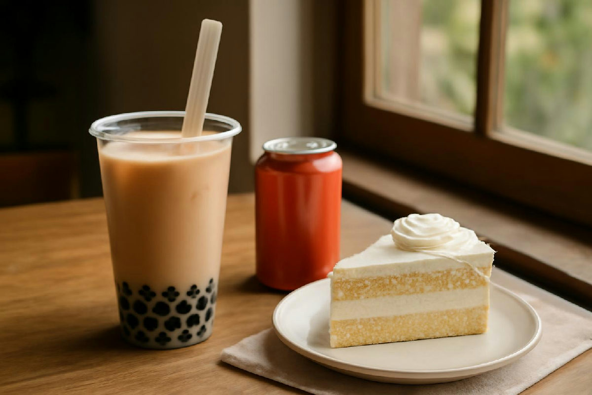 Ly trà sữa, lon nước ngọt và bánh ngọt trên bàn, calo rỗng