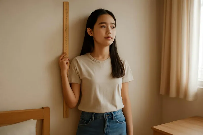 Người phụ nữ đứng đo chiều cao sát tường trong phòng ngủ