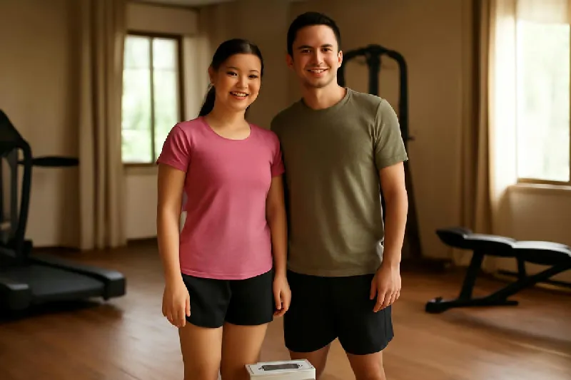 Hai người đứng cạnh nhau trên cân sức khỏe trong phòng tập