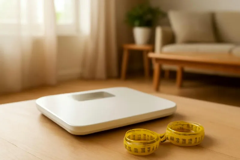 Cái cân sức khỏe và thước dây đặt trên sàn gỗ trong phòng khách