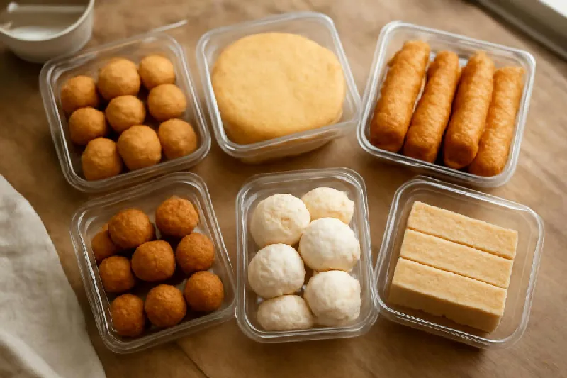 Bánh quy, bánh ngọt đóng gói và đồ chiên rán bày trên bàn bếp