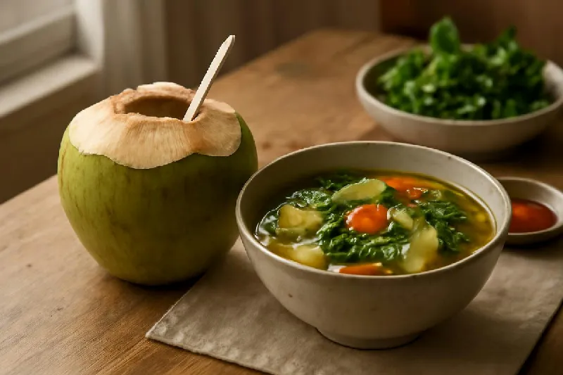 Ly nước dừa tươi và bát canh rau cải trên bàn ăn