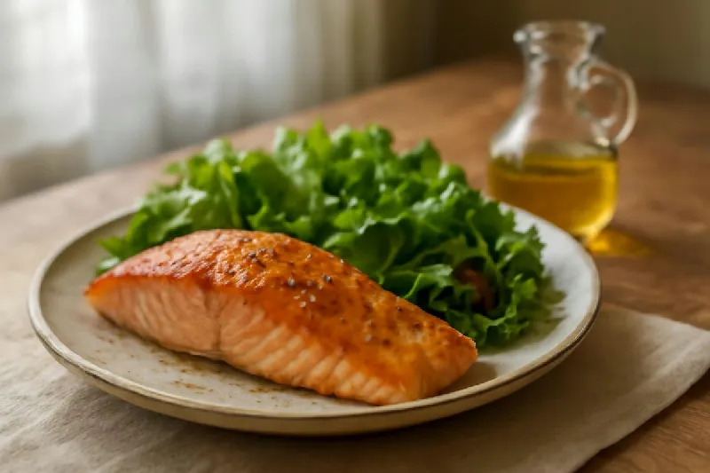 Dĩa cá hồi nướng cạnh salad rau xanh và chai dầu ô liu