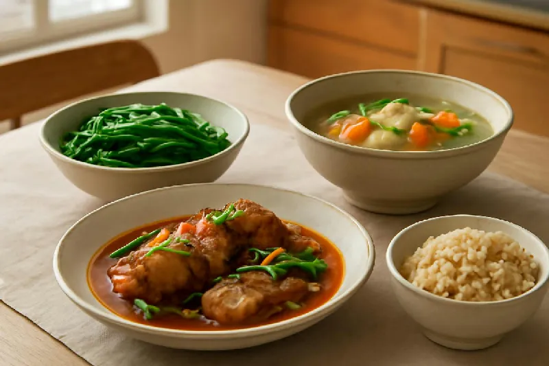 Mâm cơm Việt có cá kho, rau luộc, canh và chén cơm gạo lứt