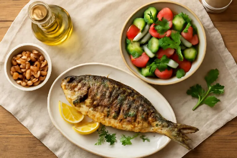 Bàn ăn kiểu Địa Trung Hải với cá nướng, salad rau, dầu ô liu và hạt