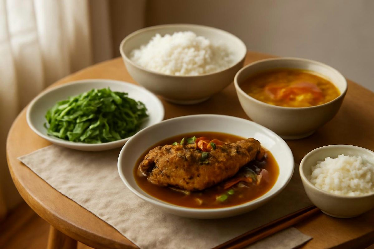 bữa cơm có rau cá và canh chua ăn trước cơm