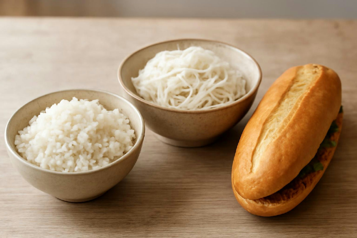 Bát cơm trắng, tô bún và ổ bánh mì đặt cạnh nhau