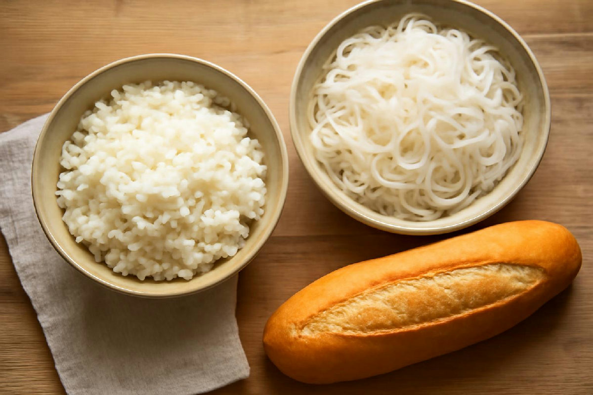 Bát cơm trắng, tô bún và ổ bánh mì, chỉ số đường huyết GI