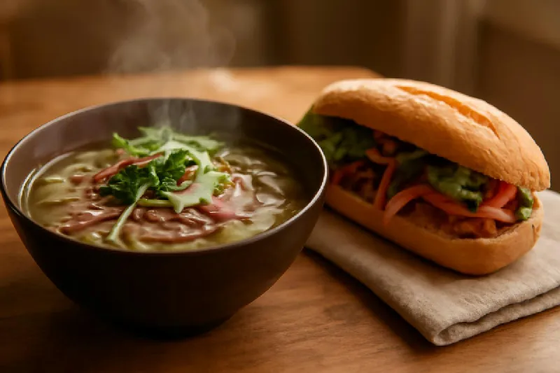 Tô phở bò nóng và ổ bánh mì thịt đặt trên bàn buổi sáng