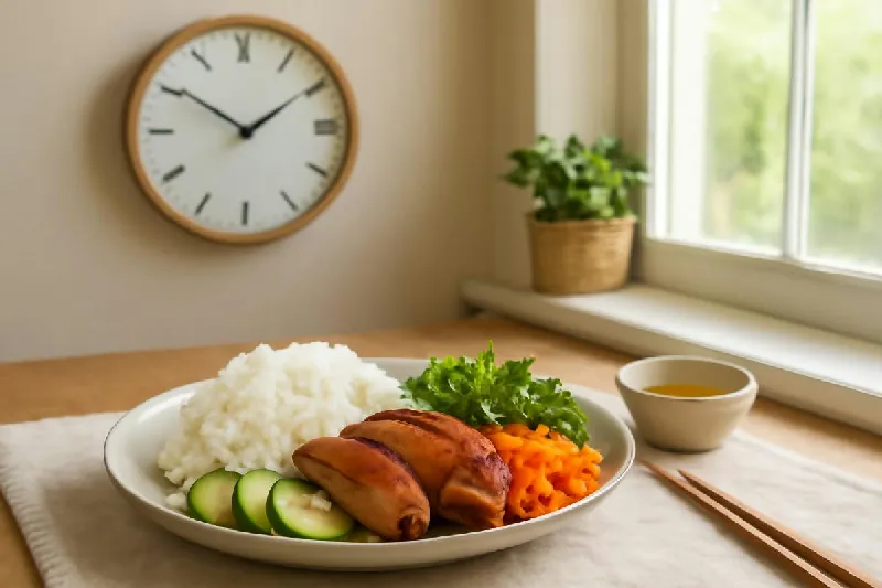 Đồng hồ treo tường bên cạnh đĩa cơm trưa trên bàn ăn