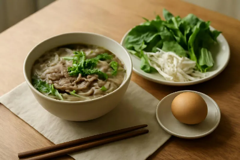 Tô phở bò nhỏ cùng đĩa rau sống và quả trứng luộc