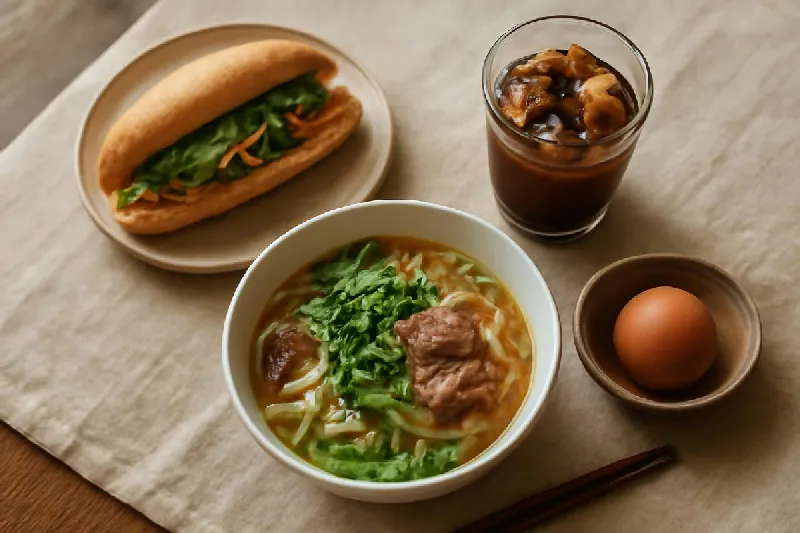 Bàn ăn sáng món Việt gồm bánh mì, trứng và ly cà phê buổi sớm