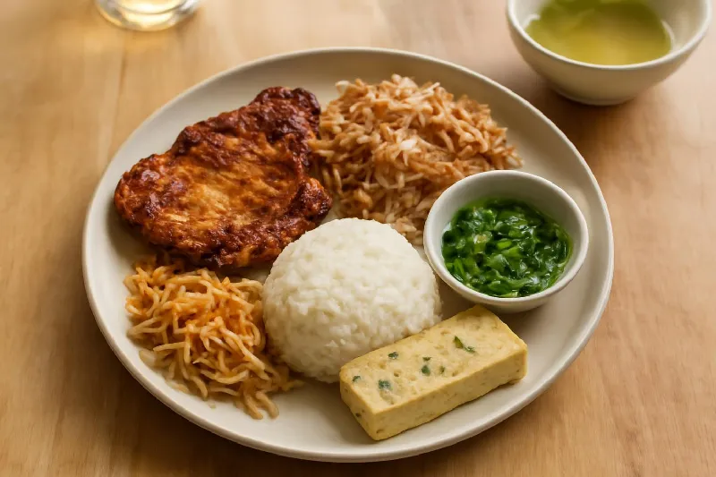 Sườn nướng, bì, chả trứng và mỡ hành bày trên đĩa cơm tấm