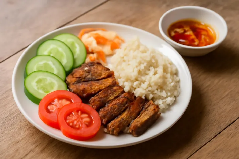 Đĩa cơm tấm ít cơm nhiều dưa leo cà chua và đồ chua
