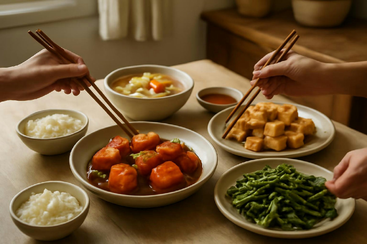 Mâm cơm gia đình Việt có thịt kho, canh rau và đậu phụ