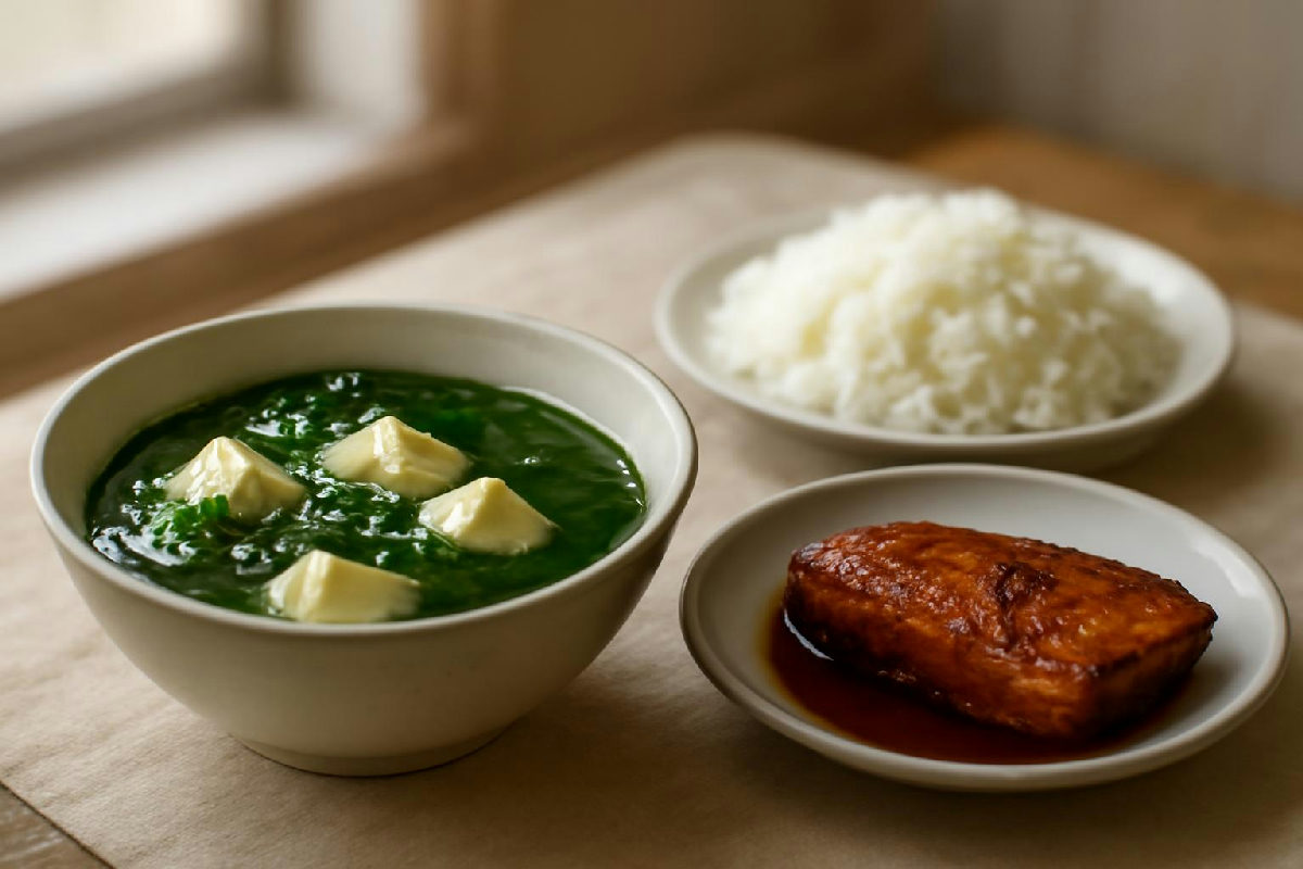 Bát canh đậu hũ rau cải và đĩa cá kho trong bữa cơm