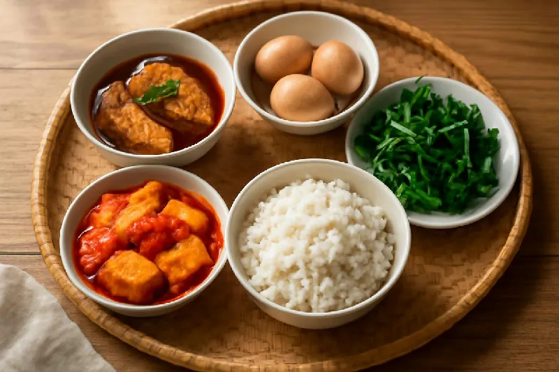 Mâm cơm Việt có thịt, cá, trứng cạnh đậu hũ và rau xanh
