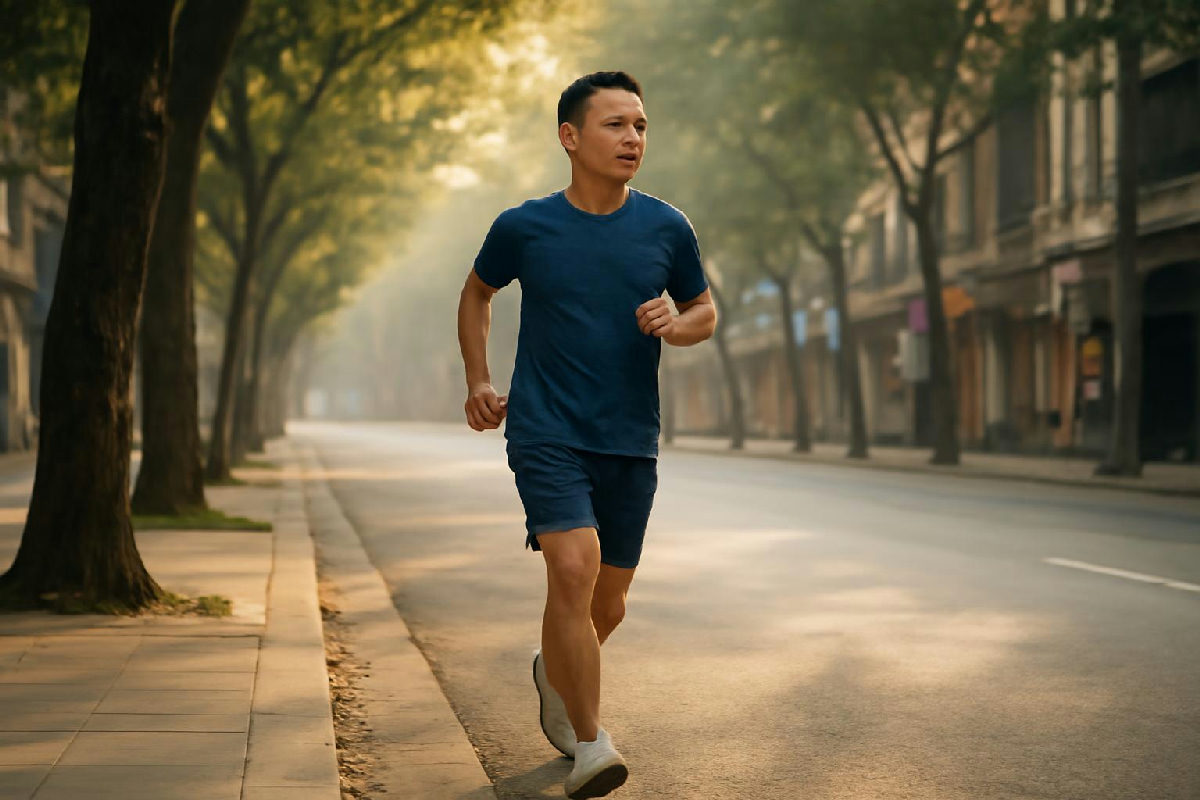Người đi bộ buổi sáng trên đường phố Việt Nam để giảm cân