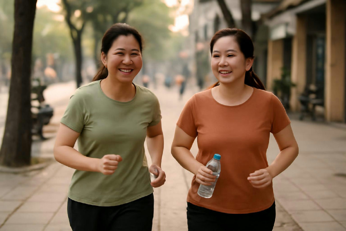 Hai người đi bộ nhanh trên vỉa hè buổi sáng sớm ở Hà Nội