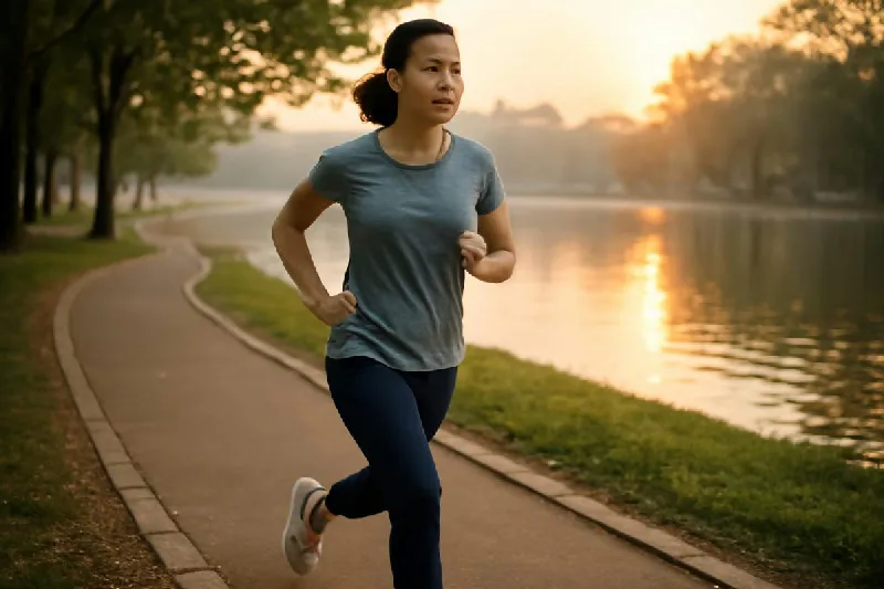 Người Việt đi bộ nhanh buổi sáng trên đường công viên ven hồ