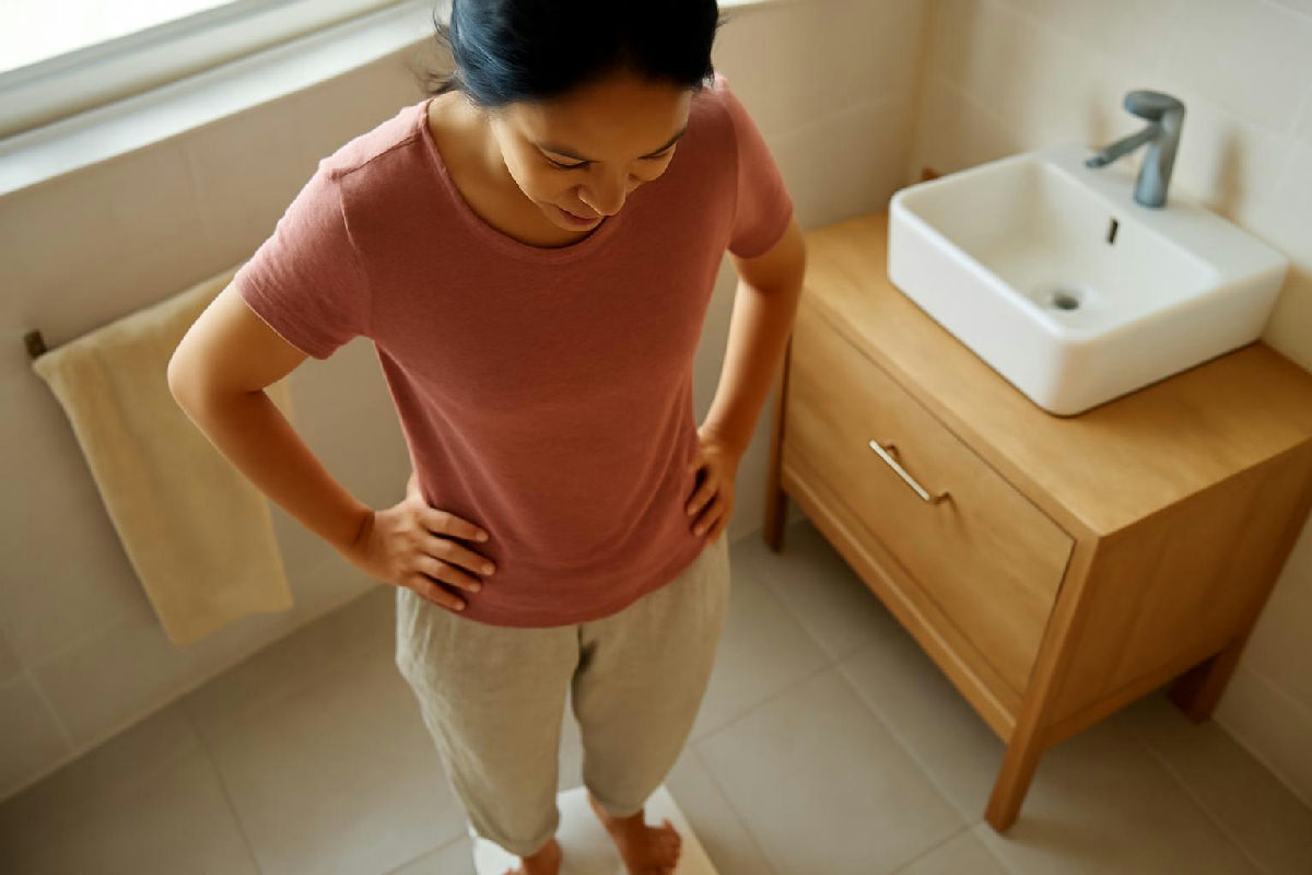 Người đứng trên cân điện tử nhìn số cân, giảm cân bị chững