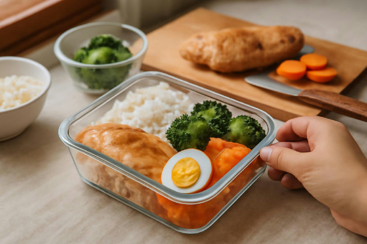 Hộp cơm trưa gồm cơm, ức gà, trứng luộc và rau củ