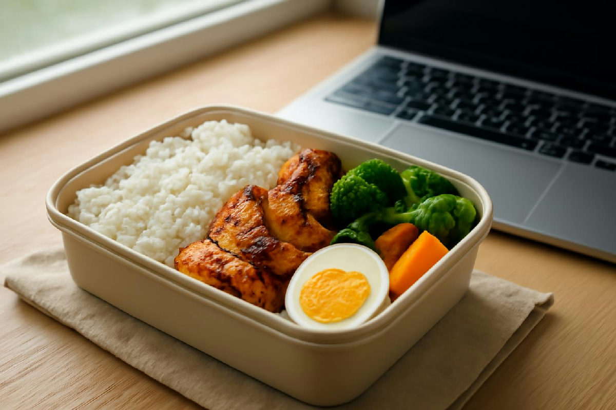 Hộp cơm trưa nhiều rau trên bàn làm việc, giảm cân cho dân văn phòng