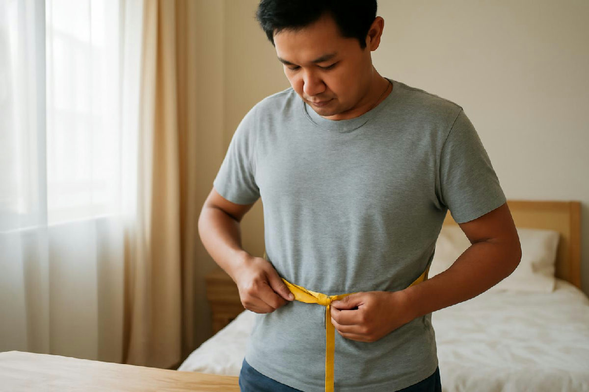Người đàn ông đứng đo vòng eo ngang rốn bằng thước dây mềm