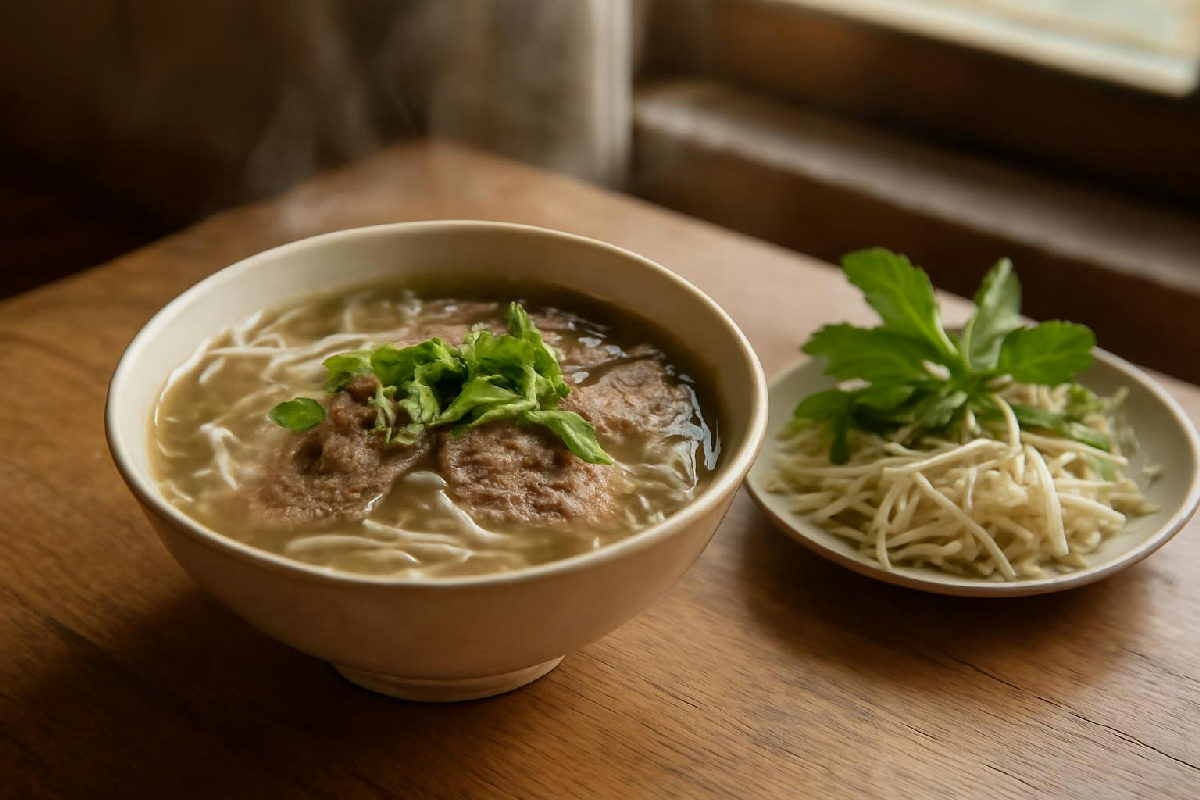 Tô phở bò và đĩa rau sống đặt trên bàn quán ăn
