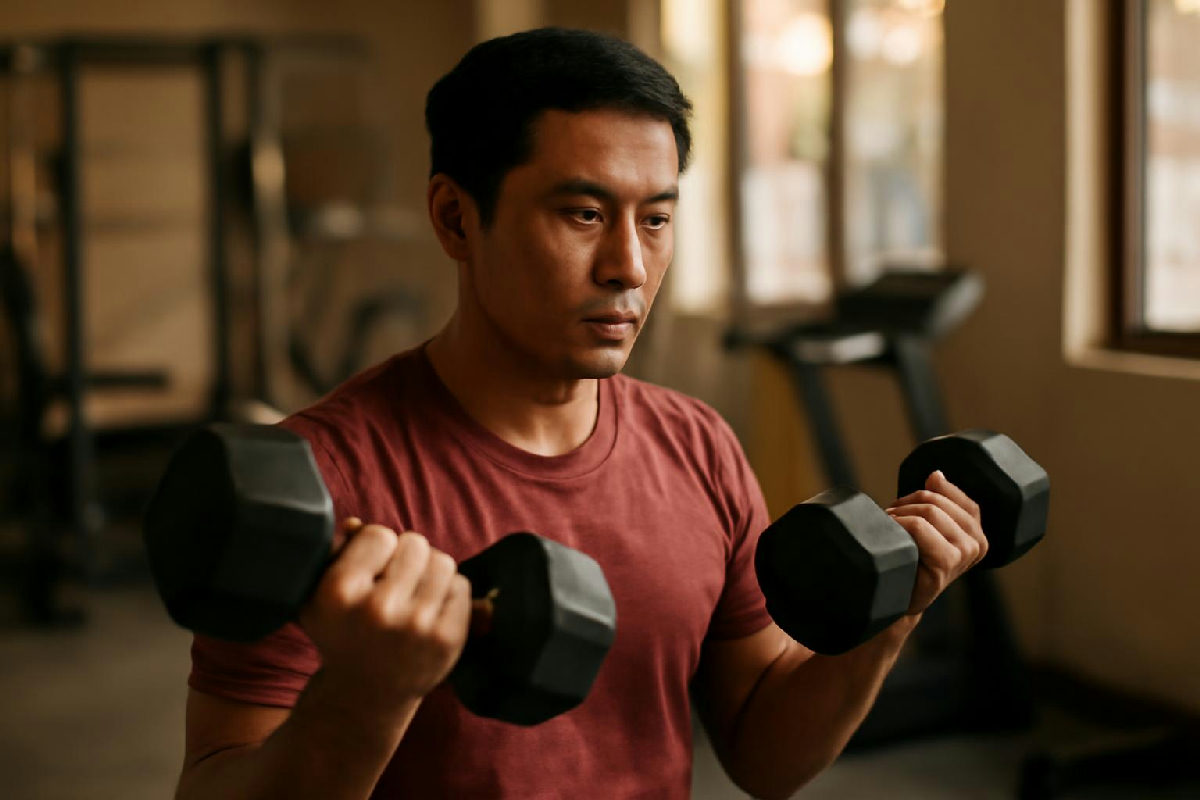 Người đàn ông tập tạ đơn trong phòng tập buổi tối