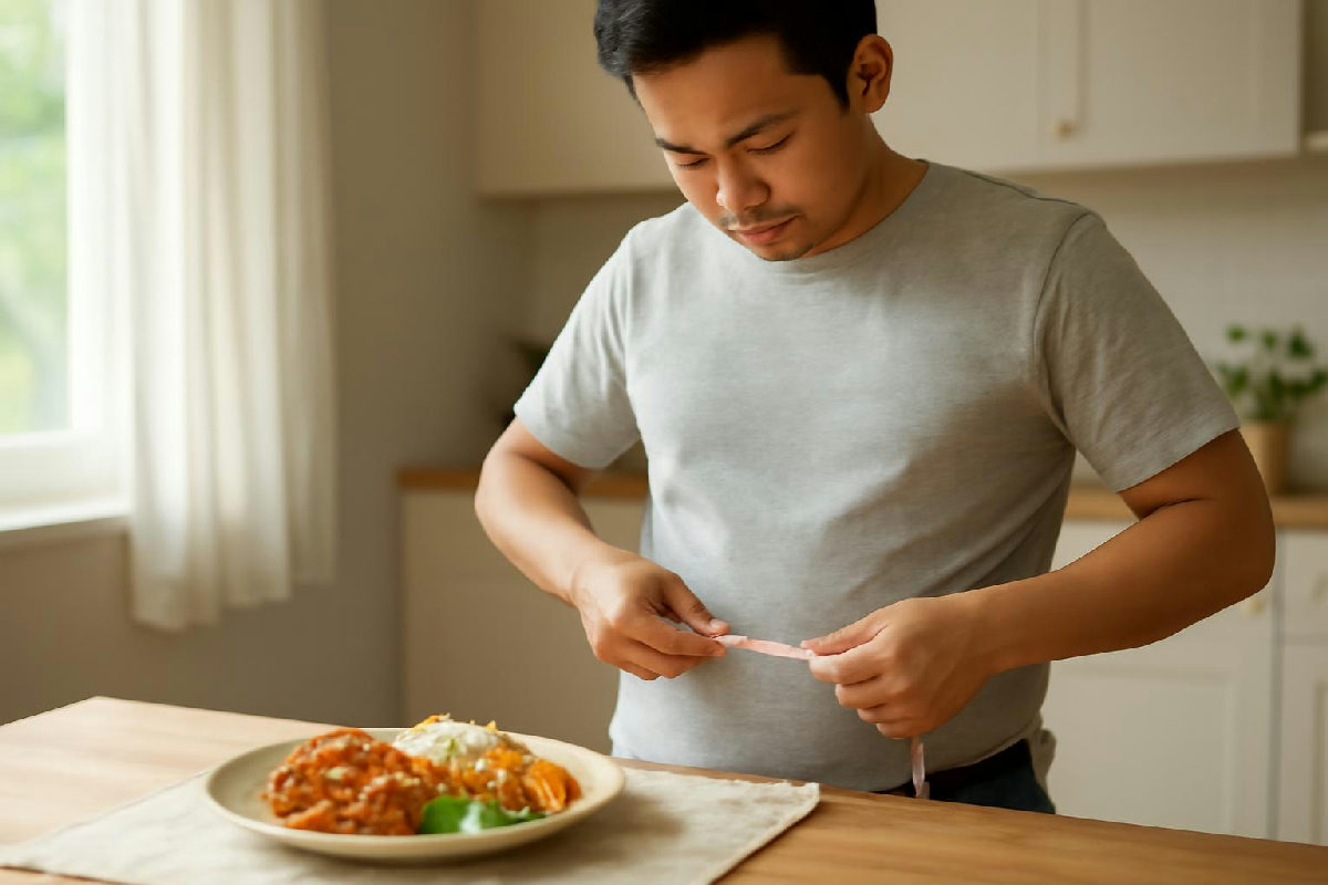 Người đàn ông Việt đo vòng eo bằng thước dây trước bữa ăn lành mạnh
