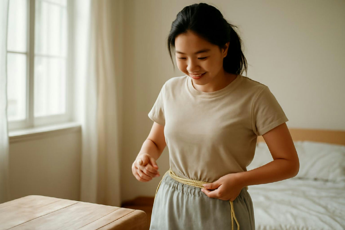 Người phụ nữ đo vòng eo bằng thước dây tại nhà