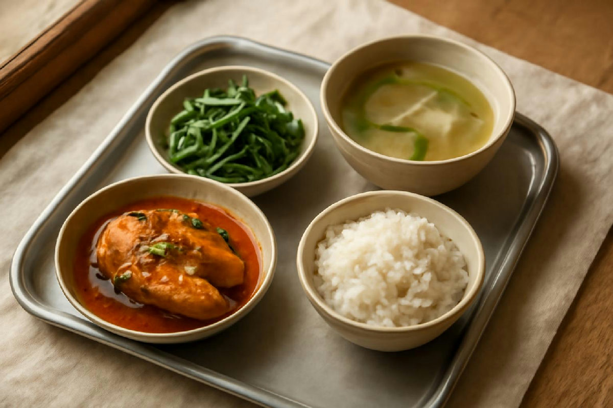 Mâm cơm Việt có cá kho, rau luộc và canh