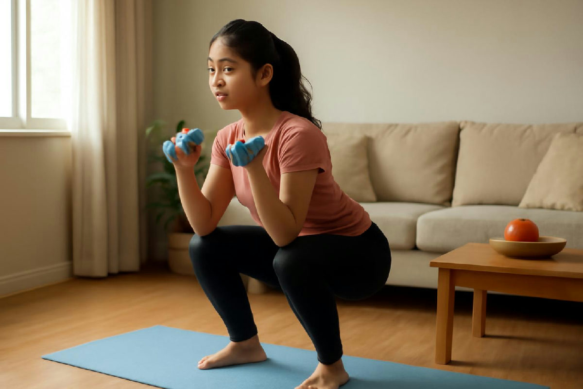 Phụ nữ tập squat với tạ tay trong phòng khách