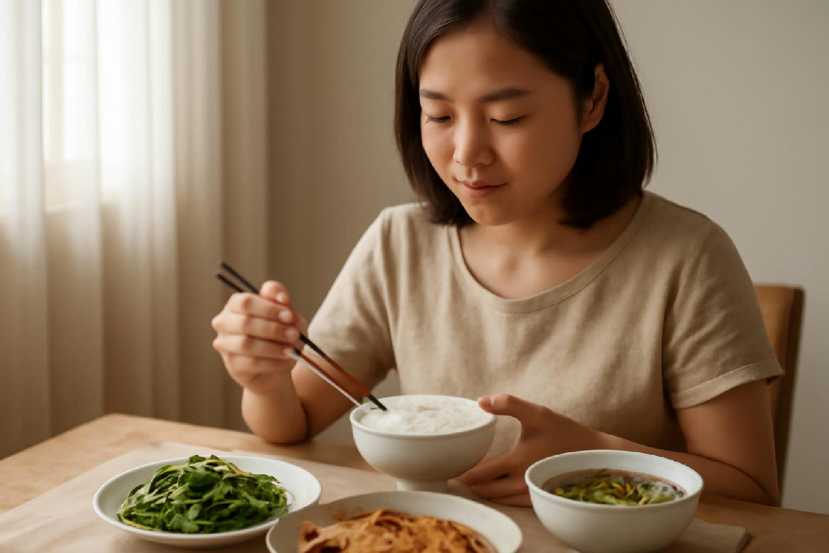Người phụ nữ Việt ăn bữa cơm nhà cân đối rau thịt cá