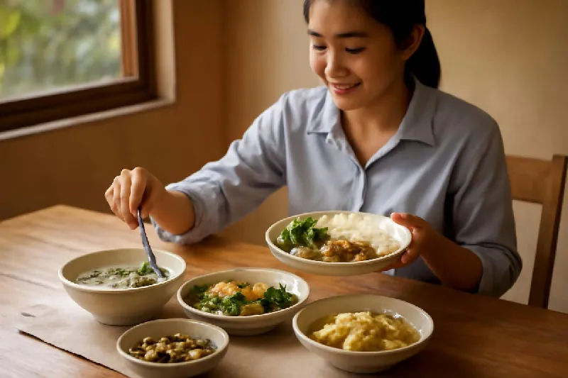 Bữa trưa cơm quán gồm thịt luộc, rau xanh và canh trên bàn