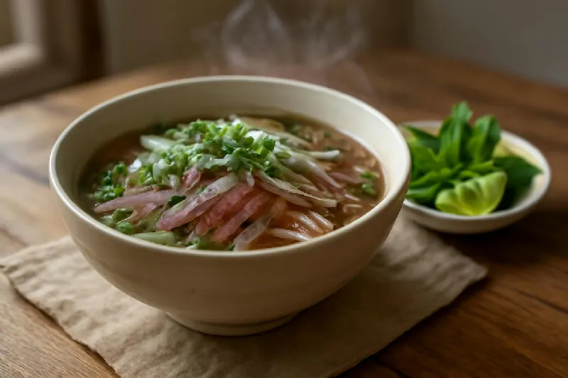 Tô phở bò nóng với thịt bò, bánh phở và hành lá