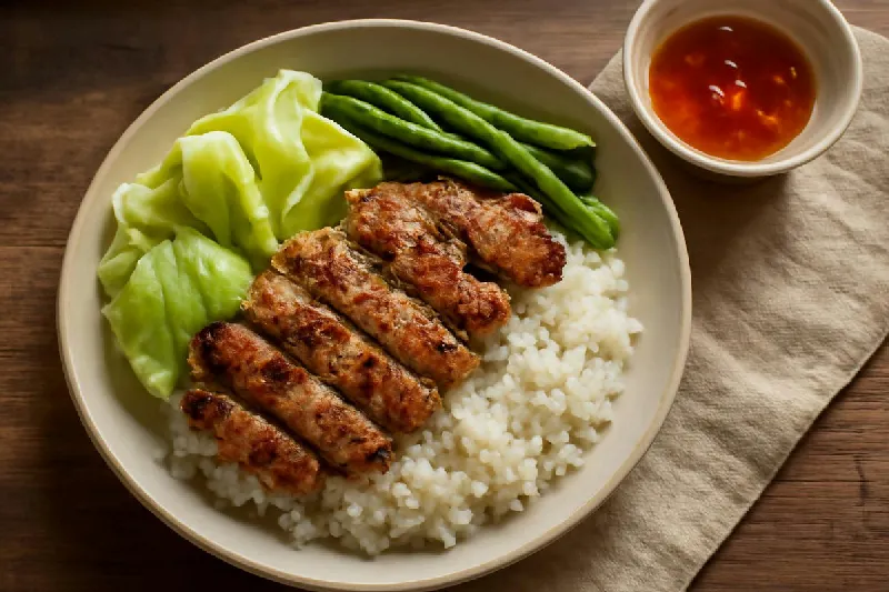 Đĩa cơm với thịt nướng, rau luộc và chén nước chấm để riêng
