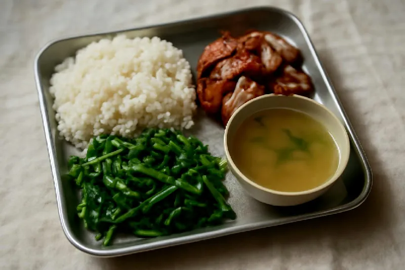 Mâm cơm quán Việt gồm cơm, thịt nạc, rau luộc và canh trong suốt