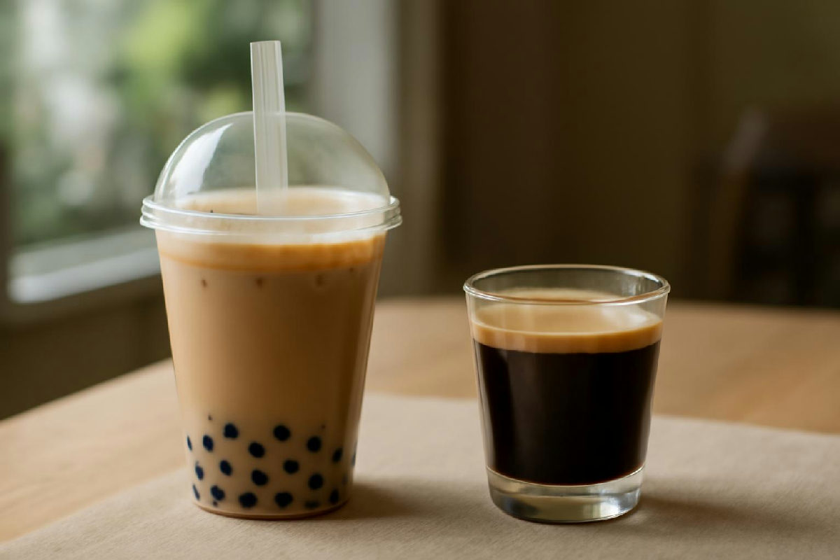Ly trà sữa và cà phê đen đặt cạnh nhau để so sánh