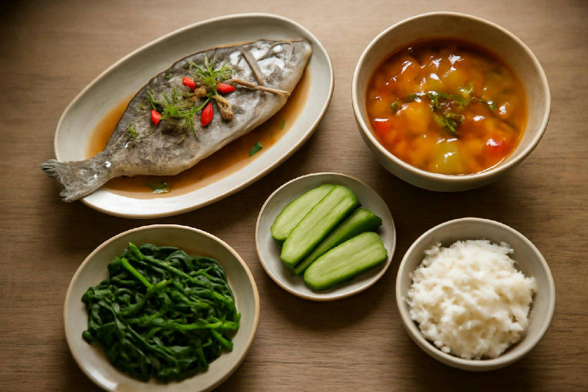 Mâm cơm Việt nhiều rau, cá và canh, giảm cân không cần nhịn ăn