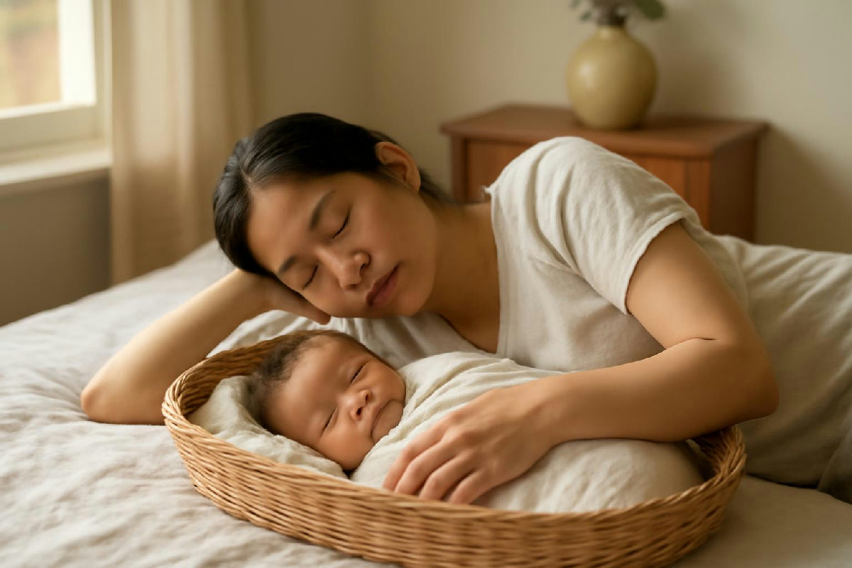 Mẹ sau sinh nghỉ ngơi bên cạnh em bé trong phòng sáng