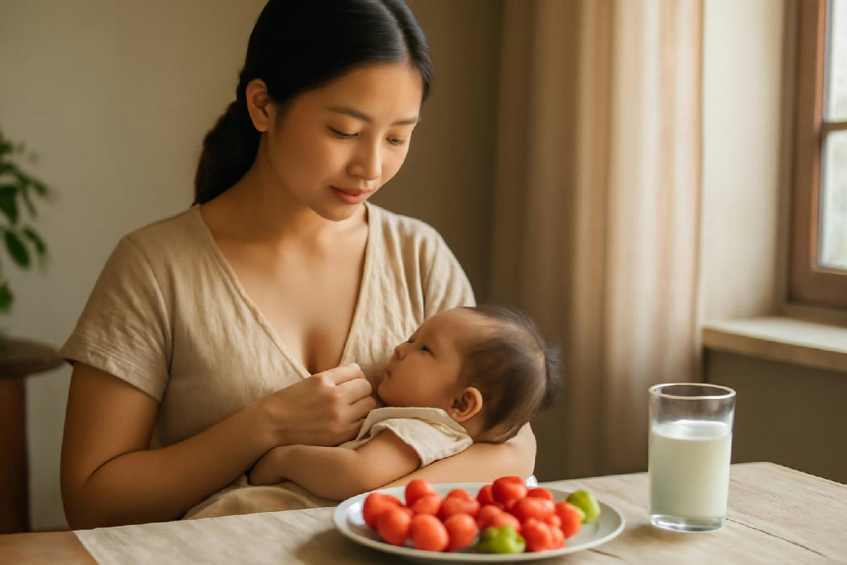 Mẹ đang cho con bú bên bàn có đĩa trái cây và ly sữa