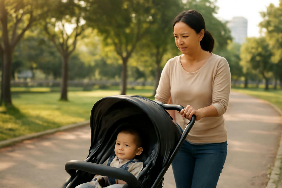 Mẹ đẩy xe nôi đi bộ nhẹ nhàng trong công viên buổi sáng