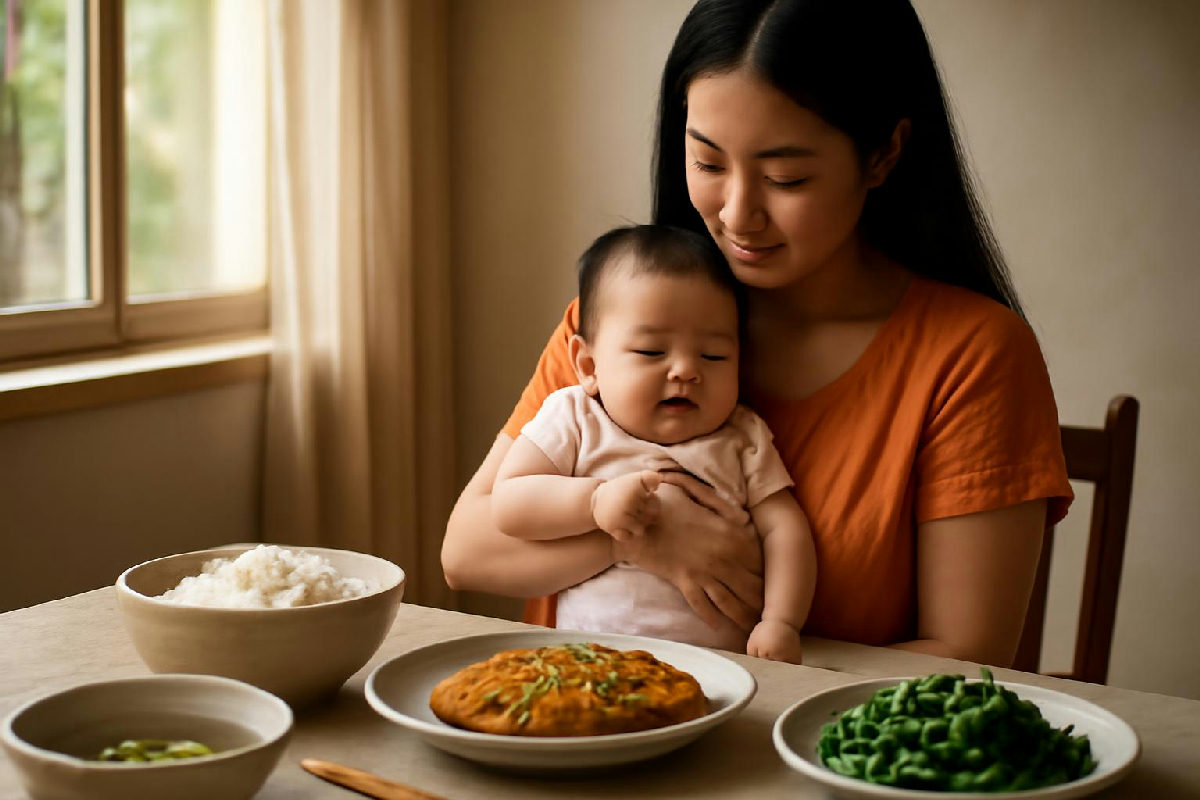 Người mẹ trẻ bế con nhỏ bên mâm cơm Việt đủ rau, thịt cá