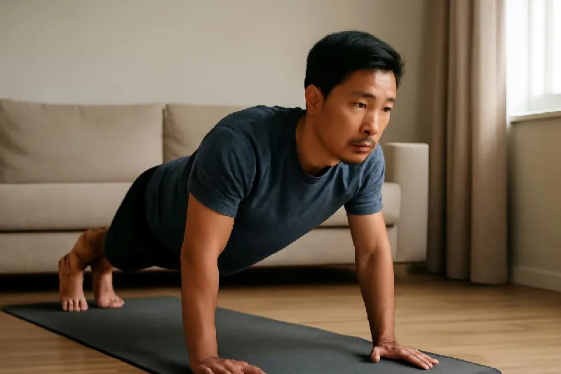 Người đàn ông tập plank trên thảm tập trong phòng khách