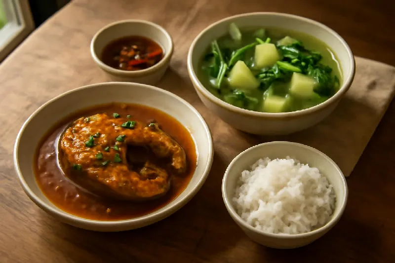 Mâm cơm nhà có cá kho, canh rau và chén cơm vừa phải