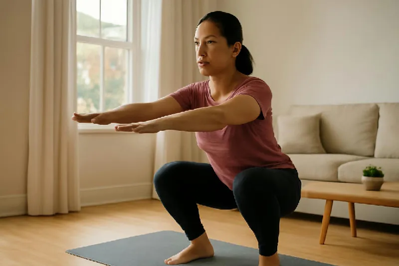 Phụ nữ tập squat trong phòng khách nhà phố có thảm tập và cửa sổ sáng