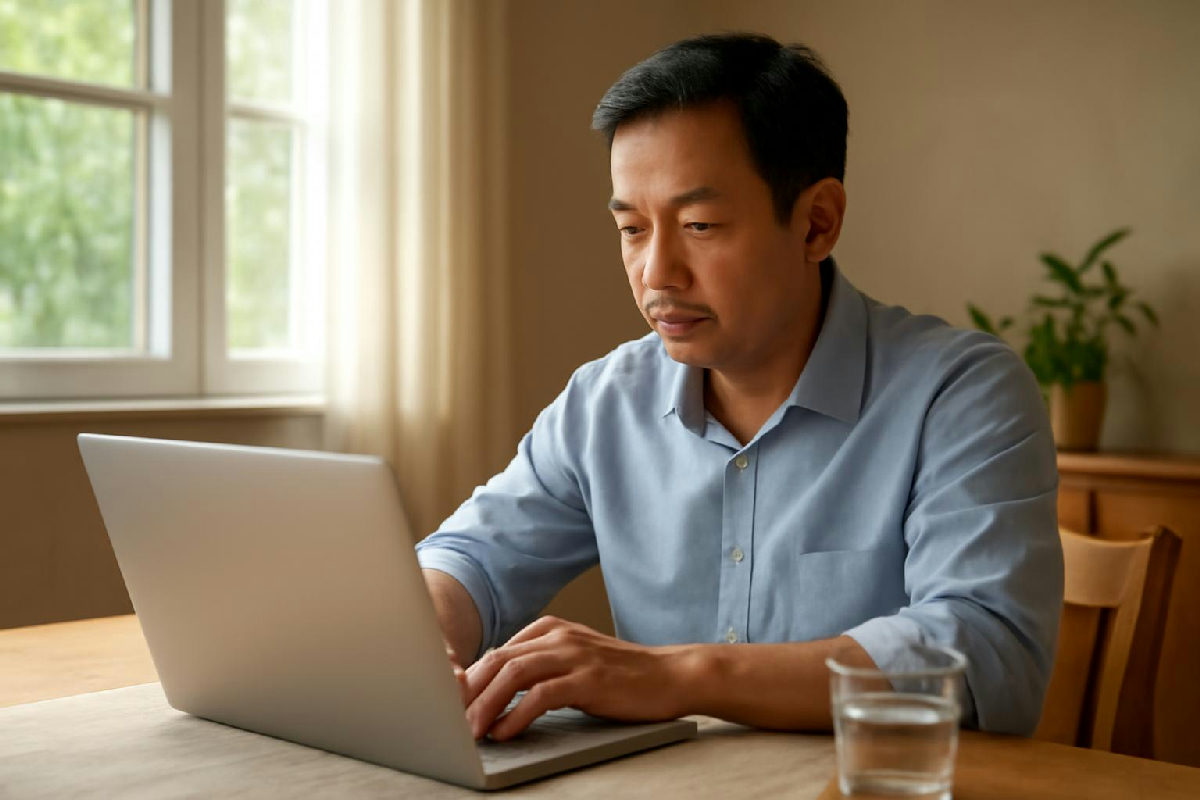 người đàn ông văn phòng ngồi làm việc bên bàn có cốc nước